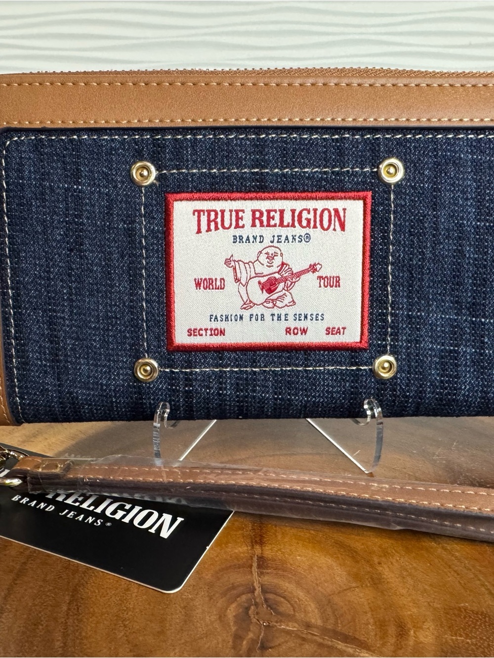 True Religion Denim Wallet with Brown Trim and Red Logo Patch